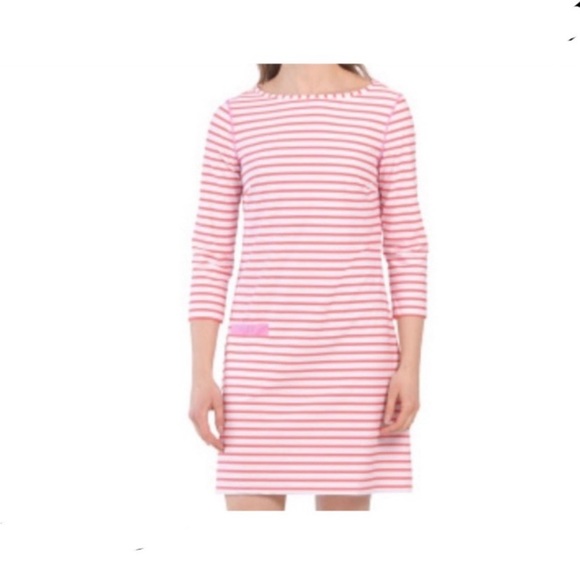 LK NEW Cabana Life SPF 50 Spandex blend shift dress stripe boatneck pocket CORAL - Picture 4 of 9